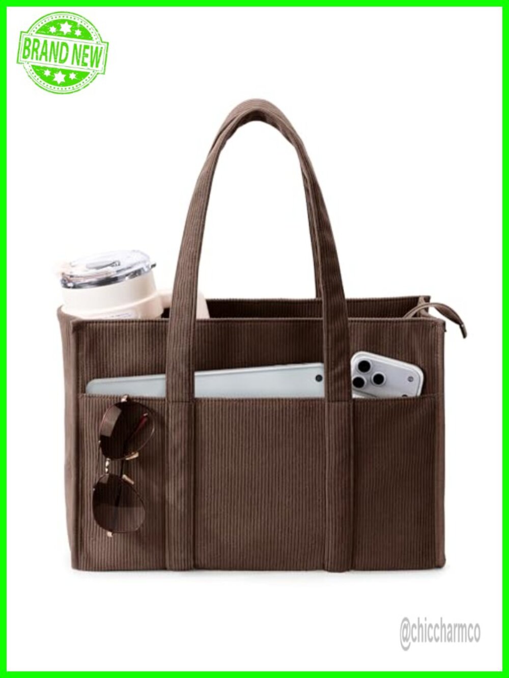 Corduroy Tote Bag Large Hobo Shoulder Bag 40oz Cup Holder Laptop Pocket